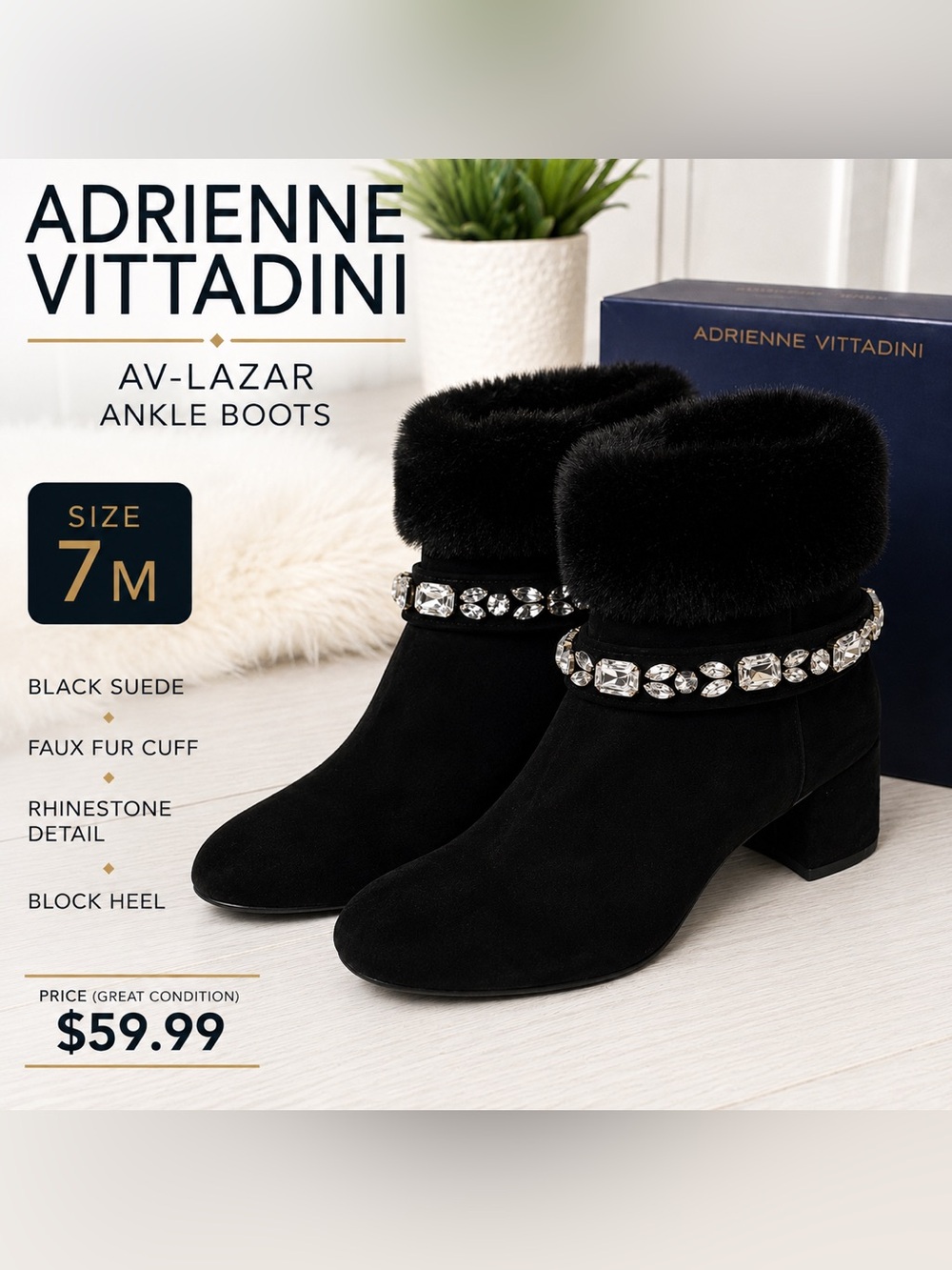 Adrienne Vittadini AV-Lazar Women’s Black Suede Faux Fur Rhinestone ankle boot/7